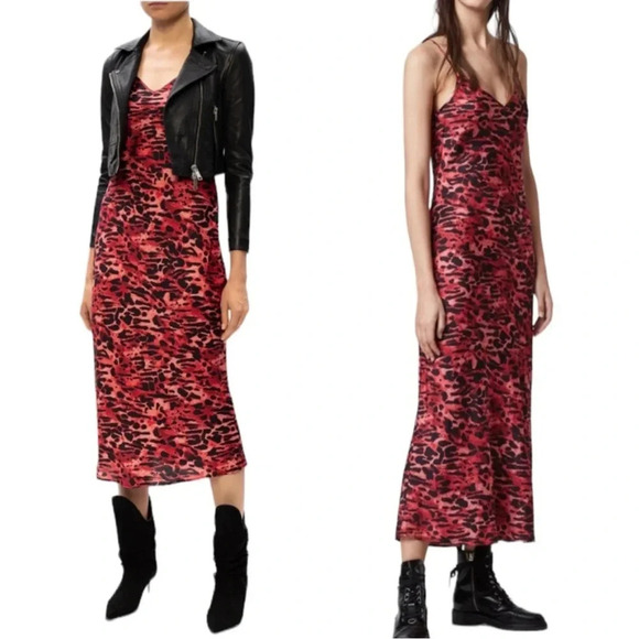 ALLSAINTS Hera Ambient Animal Print Slip Dress Red Size L NWT - Picture 2 of 16